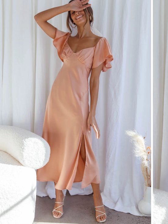 Selfie Leslie Dresses & Skirts - NWT Selfie Leslie Park Avenue Flutter Sleeve Side Split Midi Dress Apricot Large
